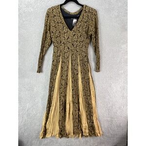 Petalo Lace Midi Dress Womens 10 Gold Black NEW Vintage Style Pleated V-Neck
